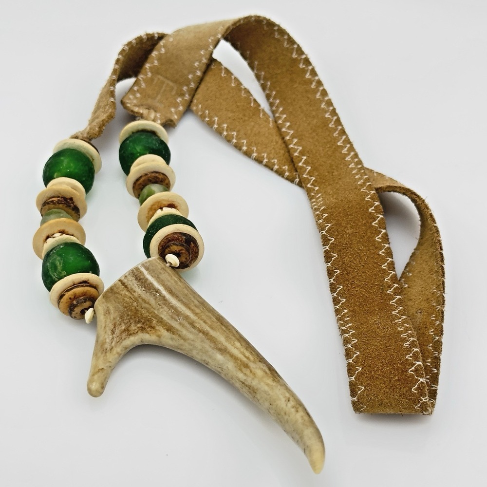 Twine & Twig Artisan Pendant Necklace Antler Leather & Glass